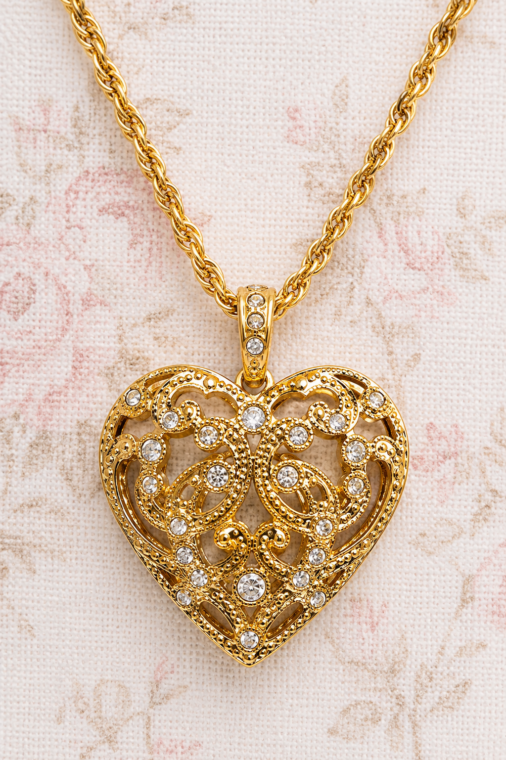 Vintage 1997 Avon Filigree Heart Pendant Necklace Gold-Tone Rhinestone Romantic Statement Jewelry
