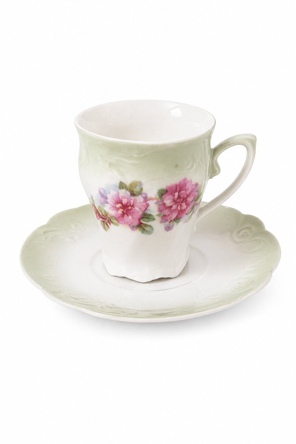 Antique George Bassett G.I. Germany Porcelain Teacup & Saucer | 1900–1930s | Pale Green Pink Roses | 4 Available