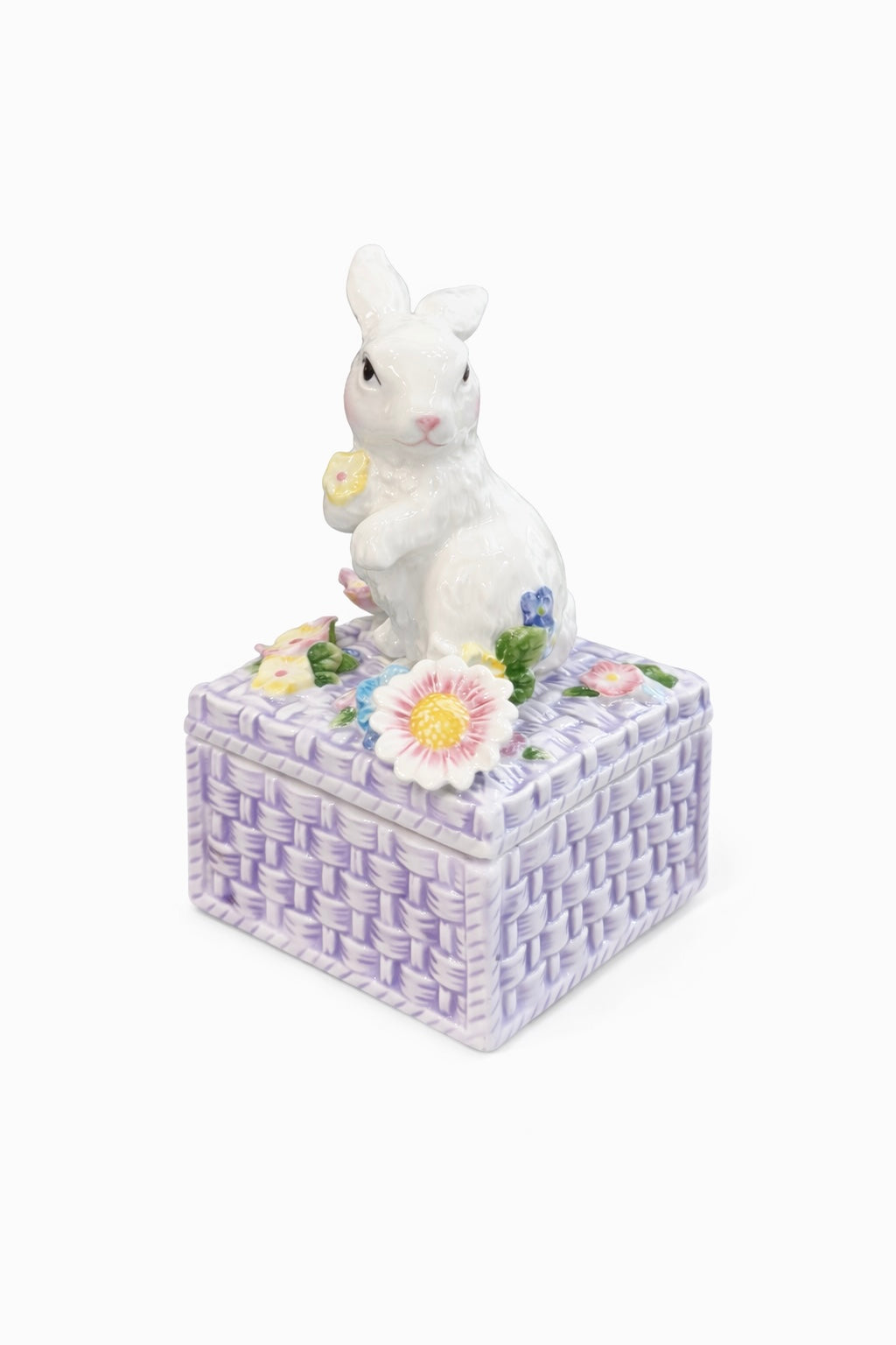 Vintage-Inspired Easter Bunny Trinket Box | Lavender Woven Keepsake Box with Floral Details