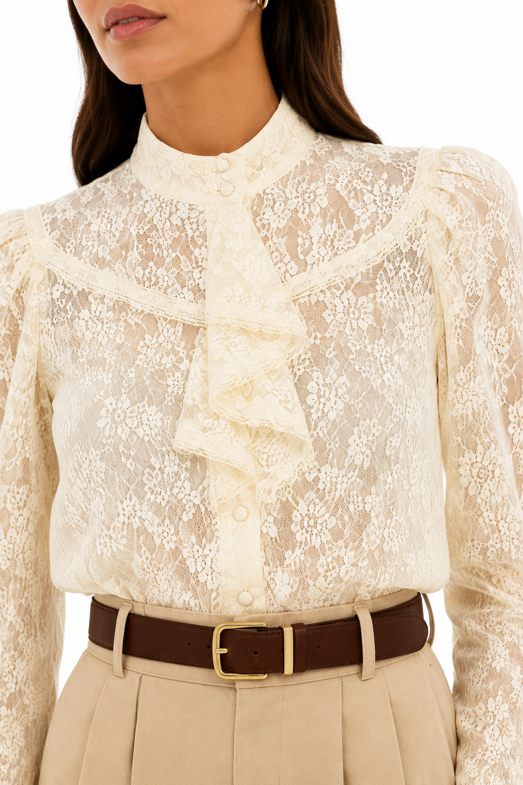 Vintage Victorian Lace Ruffle Blouse | Romantic High Neck Cream Top (Best Fits S–M)