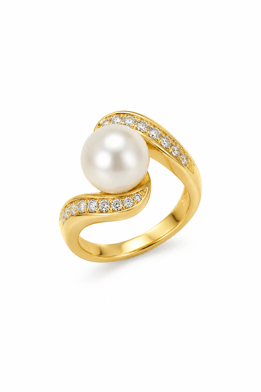 Vintage 1970s 14K Gold Electroplated Faux Pearl Rhinestone Twist Cocktail Ring 5.25