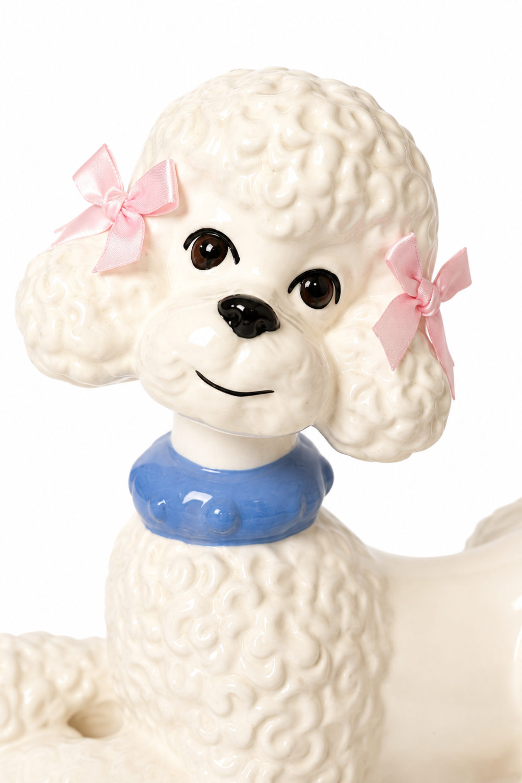 Charming Vintage Mid-Century (1950s/1960s) Ceramic White Poodle Figurine – Romantic Shabby Chic French Dog Statue with Blue Collar & Added Pastel Bows