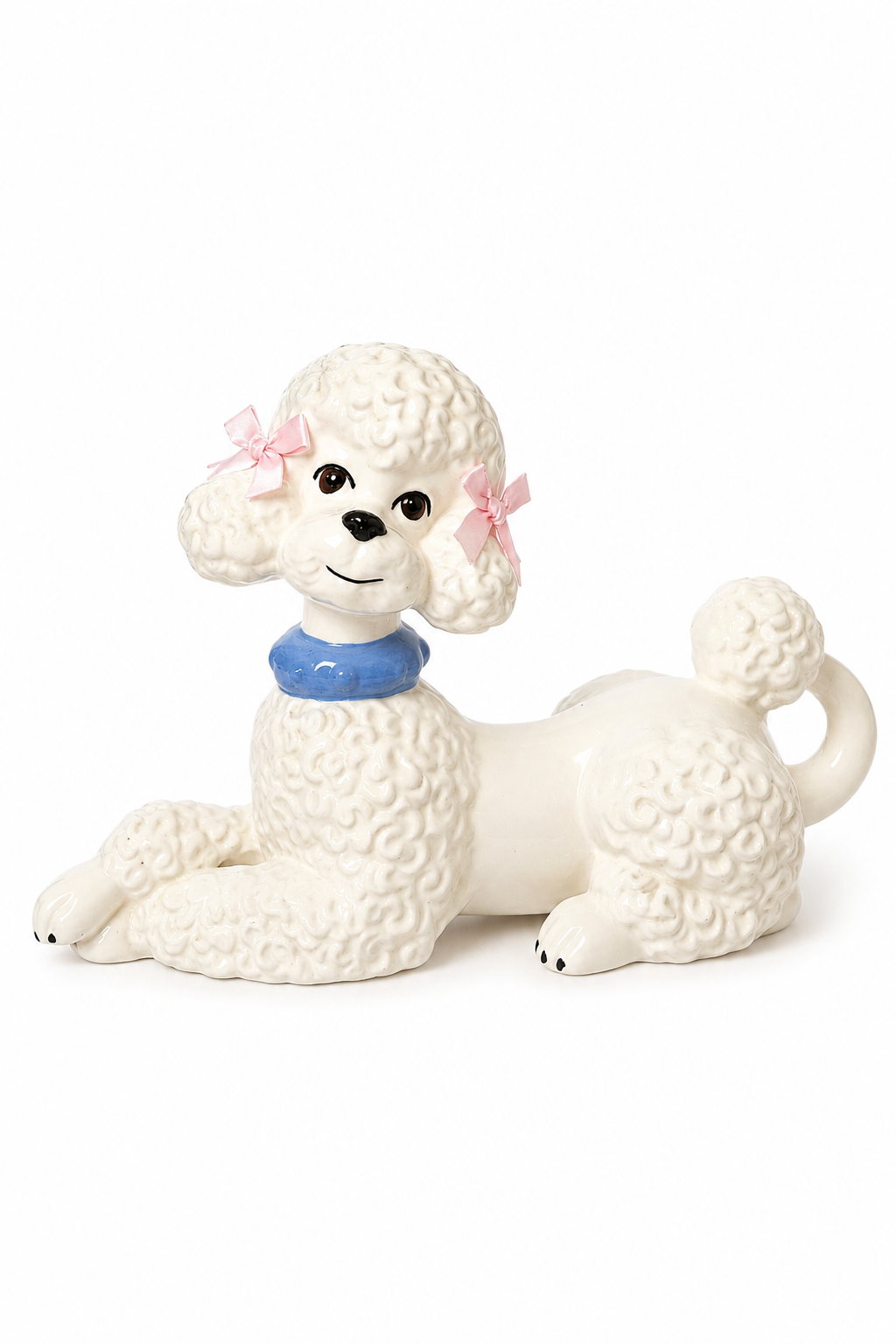 Charming Vintage Mid-Century (1950s/1960s) Ceramic White Poodle Figurine – Romantic Shabby Chic French Dog Statue with Blue Collar & Added Pastel Bows