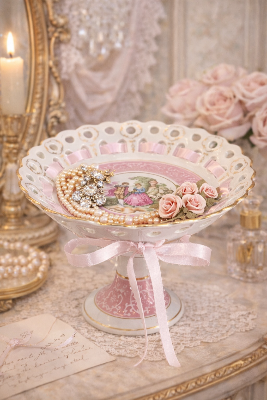 La Promenade Rose | Vintage Porcelain Pedestal Compote