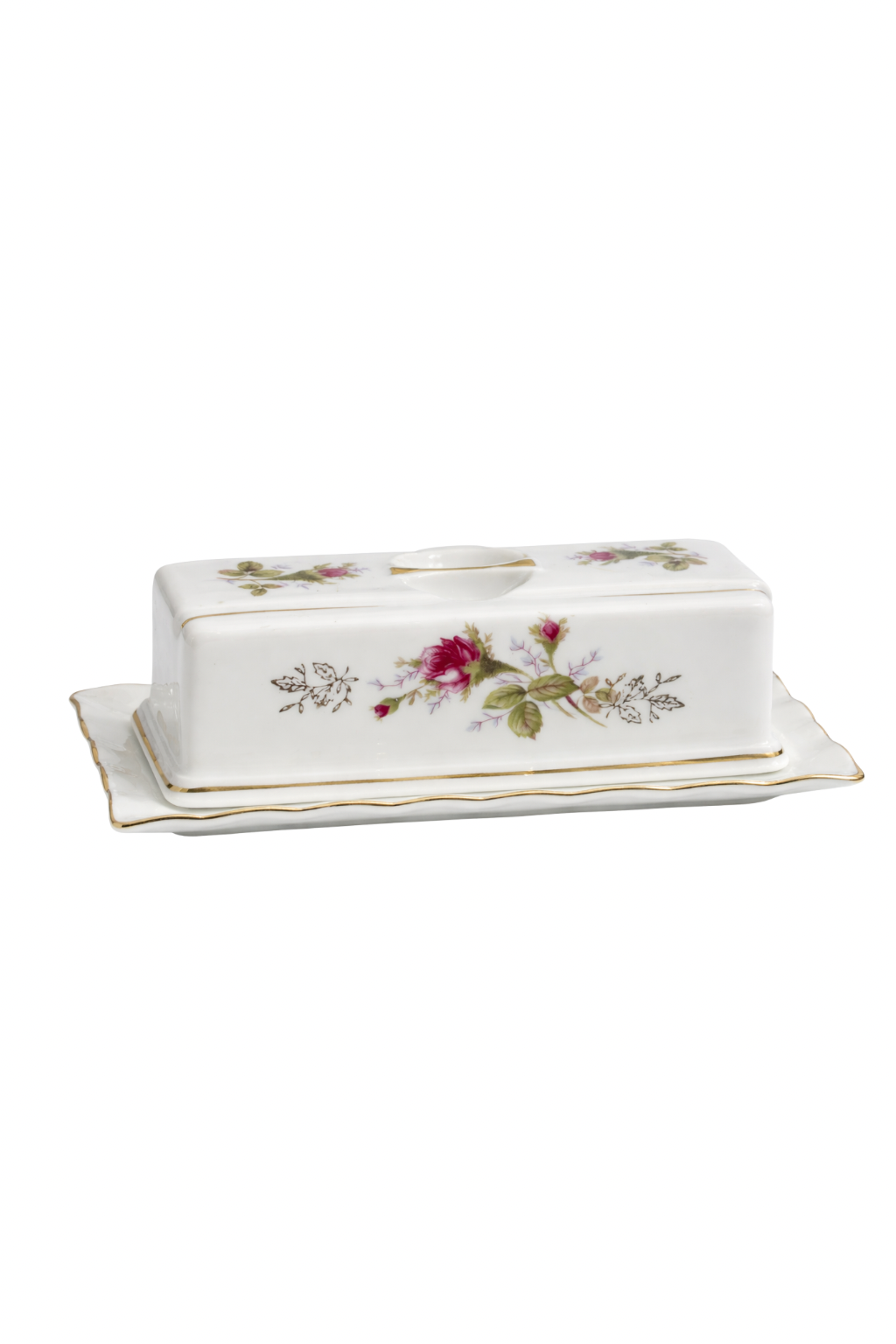 Vintage Rose Porcelain Butter Dish with Gold Trim