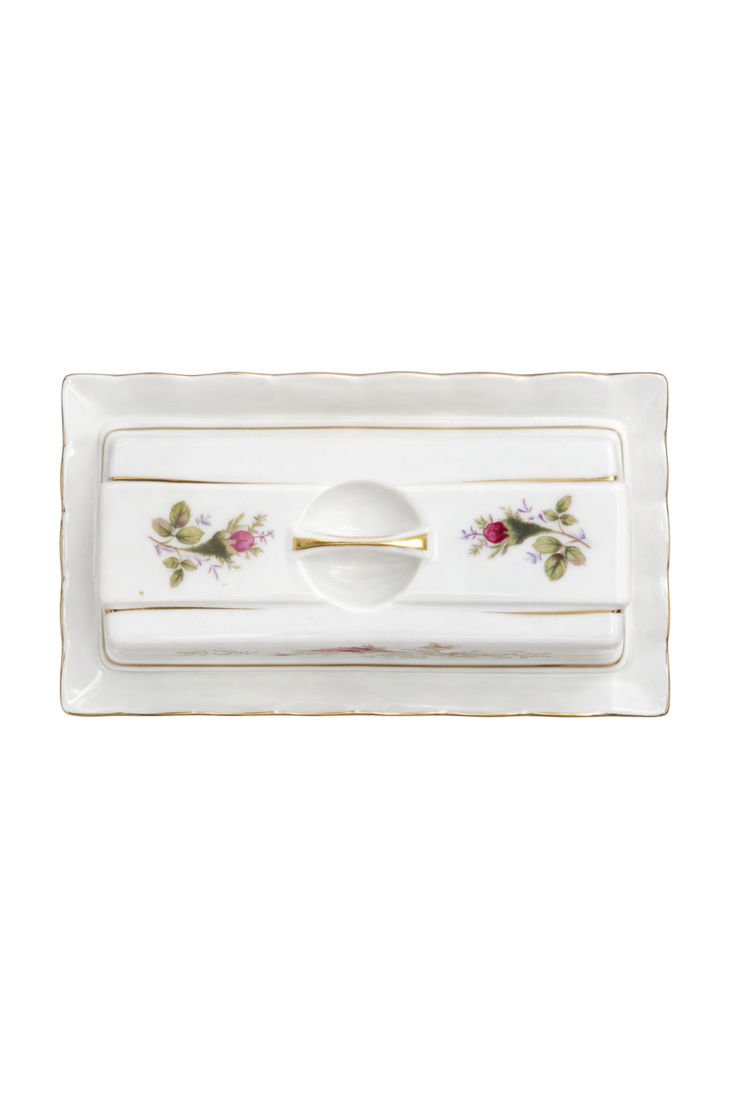 Vintage Rose Porcelain Butter Dish with Gold Trim