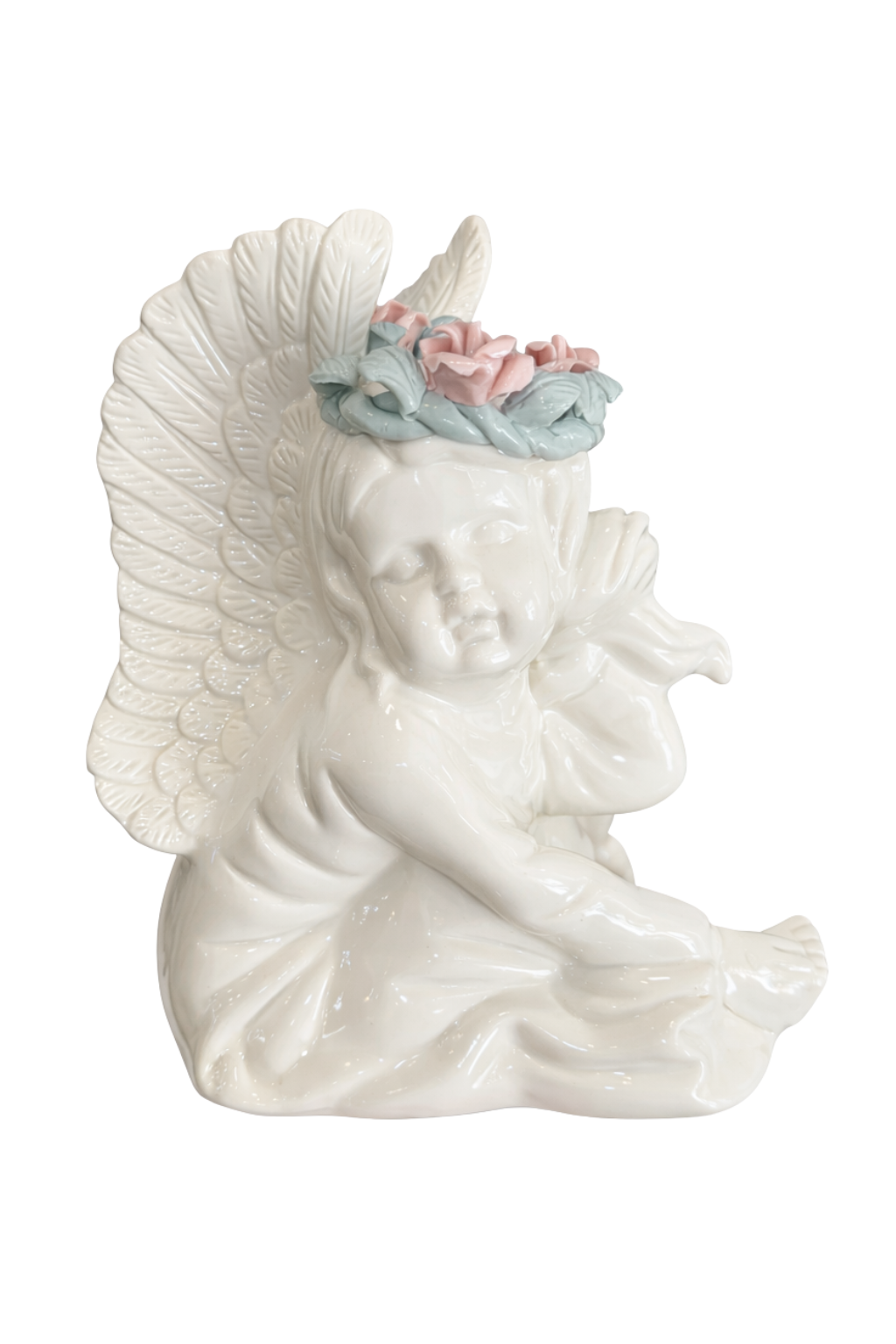 Vintage Porcelain Cherub Angel Figurine with Pink Roses | Shabby Chic Cottagecore Angel Décor