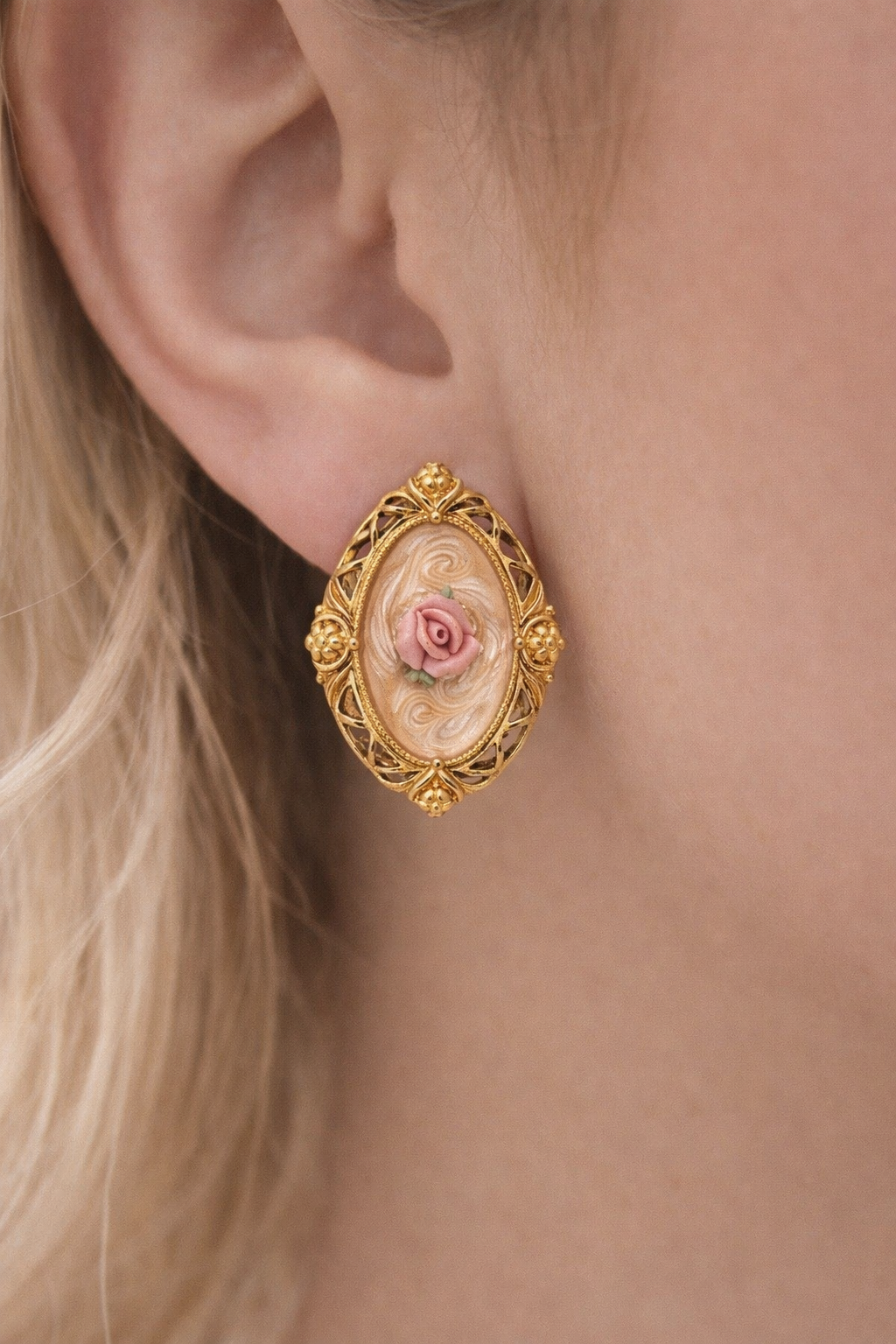 Roseraie Royale | Rococo Rose Cameo Earrings – Vintage French Baroque Gold- tone Filigree Statement Studs