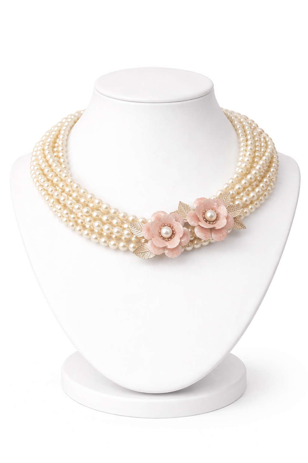 “Jardin Impérial” Pearl Necklace with Oversized Blush Flower Pendant | Vintage Romantic Statement