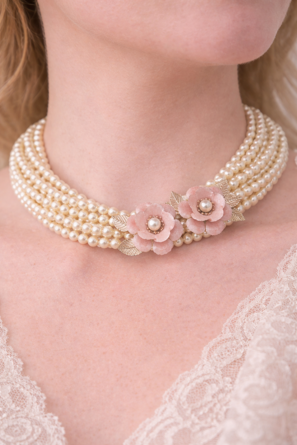 “Jardin Impérial” Pearl Necklace with Oversized Blush Flower Pendant | Vintage Romantic Statement