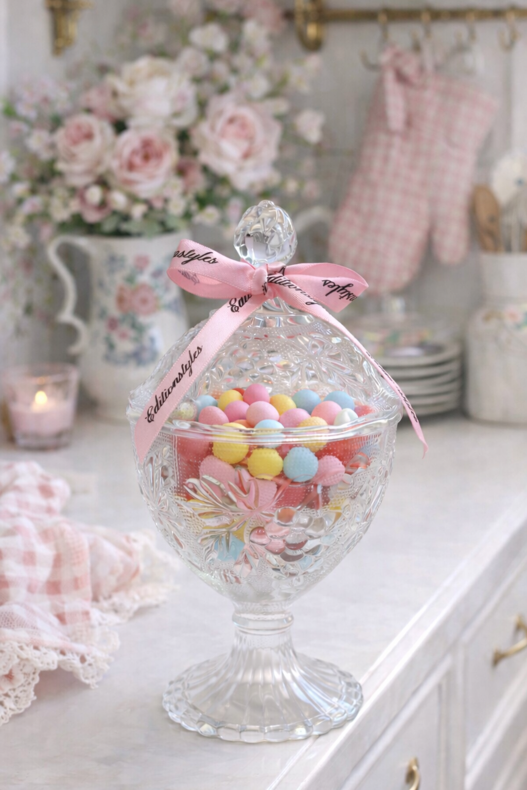 Vintage Pedestal Glass Candy Dish with Lid | Cottagecore Vanity & Kitchen Decor