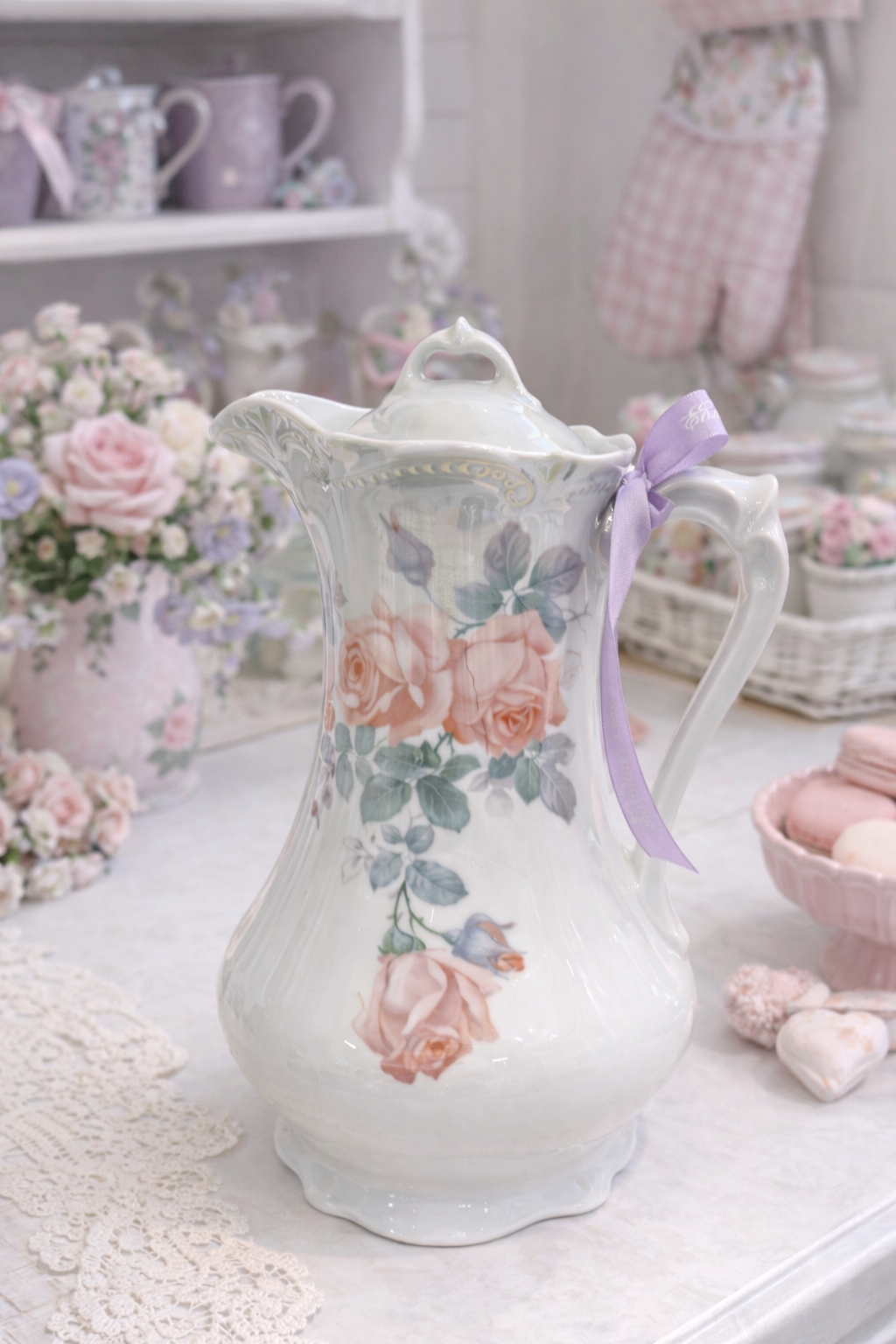 Antique German Porcelain Floral Teapot | Early 1900s Romantic Rose Teapot