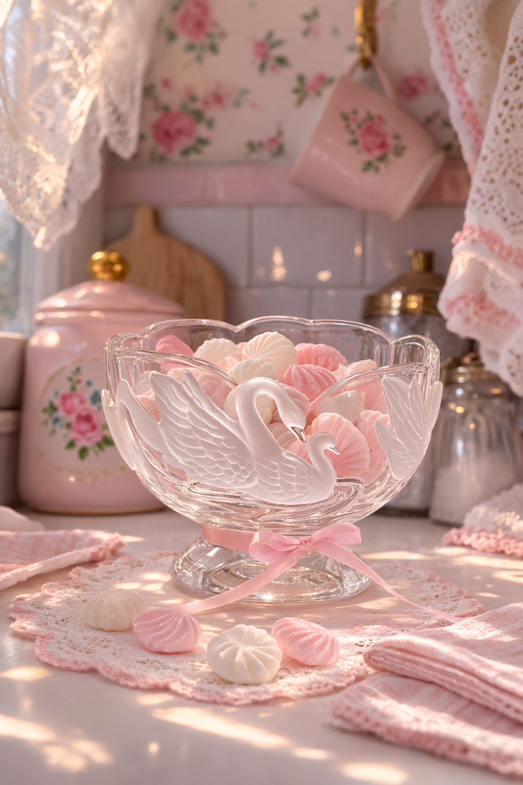 Vintage Teleflora Swan Crystal Candy Bowl | Footed Scalloped Lead Crystal Dish