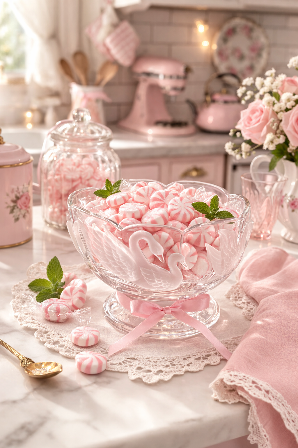 Vintage Teleflora Swan Crystal Candy Bowl | Footed Scalloped Lead Crystal Dish